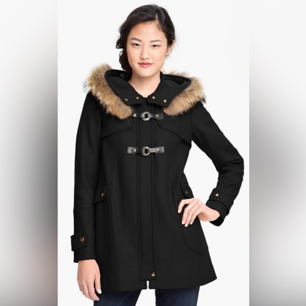 Trina Turk Hunter Green Pea Coat w / real fur hood